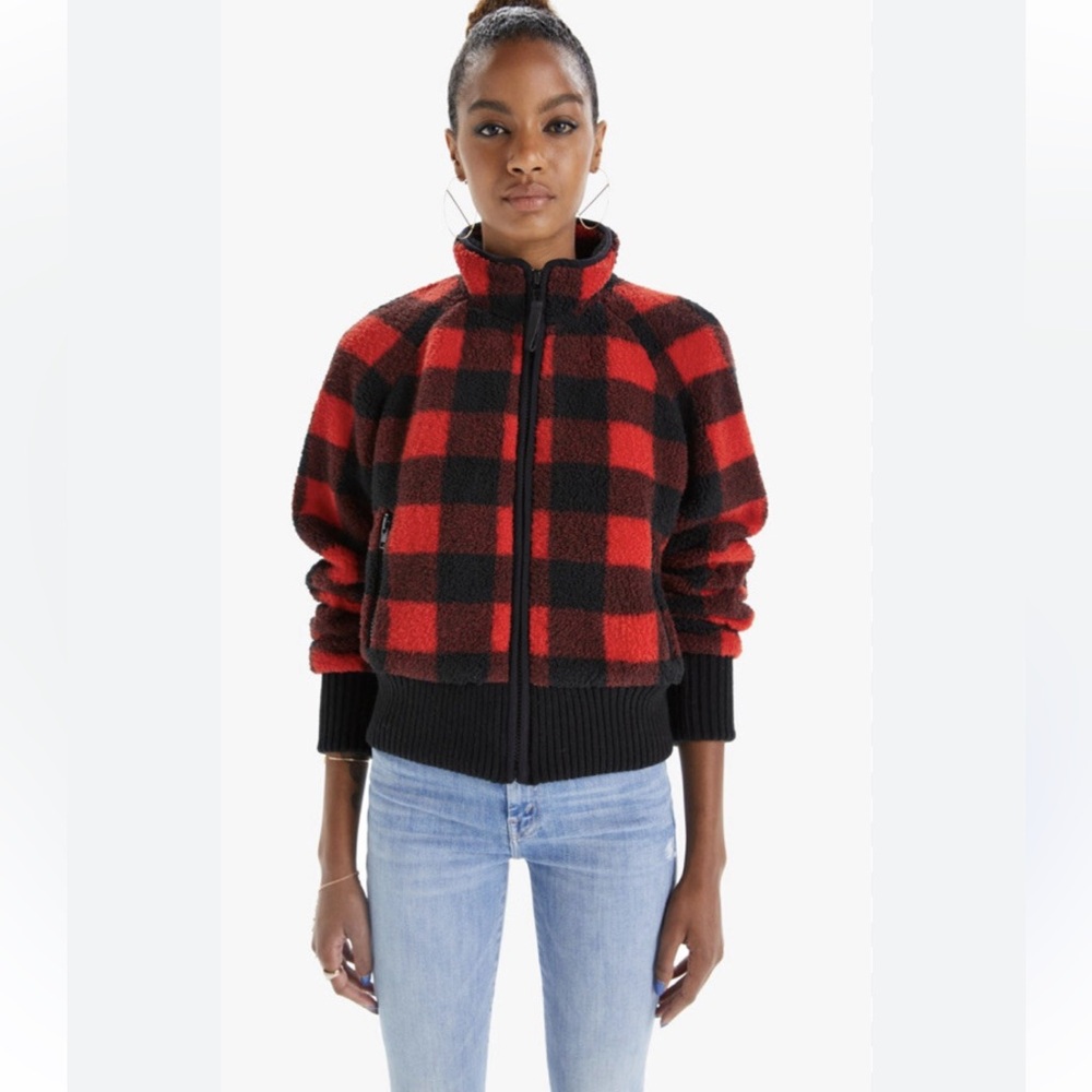 Mother Denim Buffalo Check Plaid Sherpa Jacket Small FUNNEL NECK RIBBED JACKET
